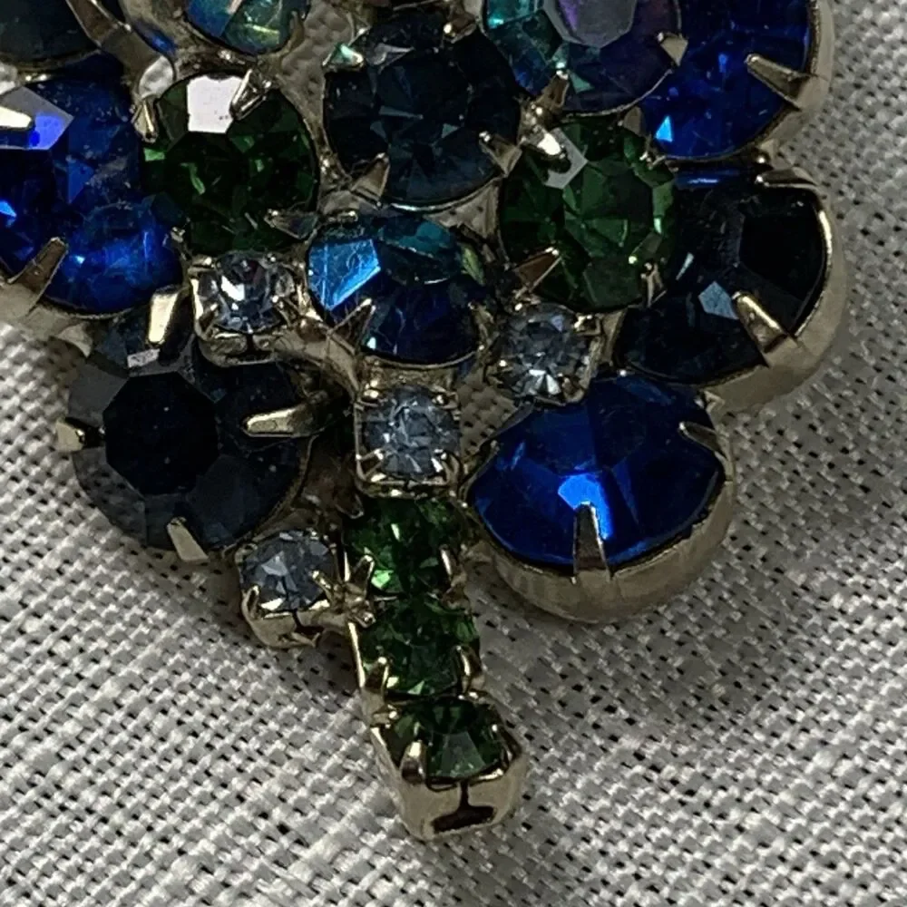 Vintage Brooch Blue Green Rhinestone Silver Tone 2” Jewelry Fashion Leaf Pin